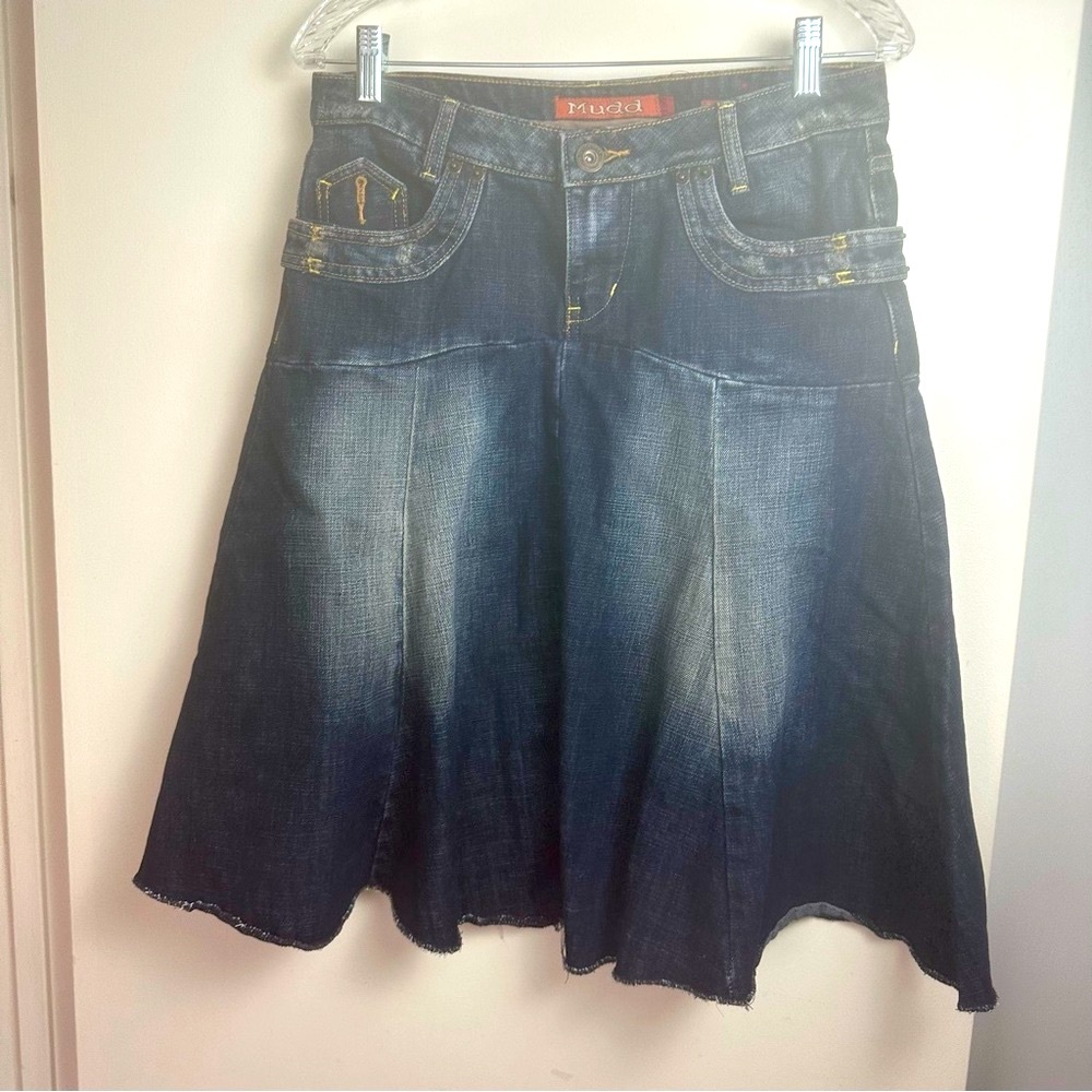 Mudd Dark Denim Y2K Vintage Contract Stitching Distressed Fading Raw Hem Skirt 7